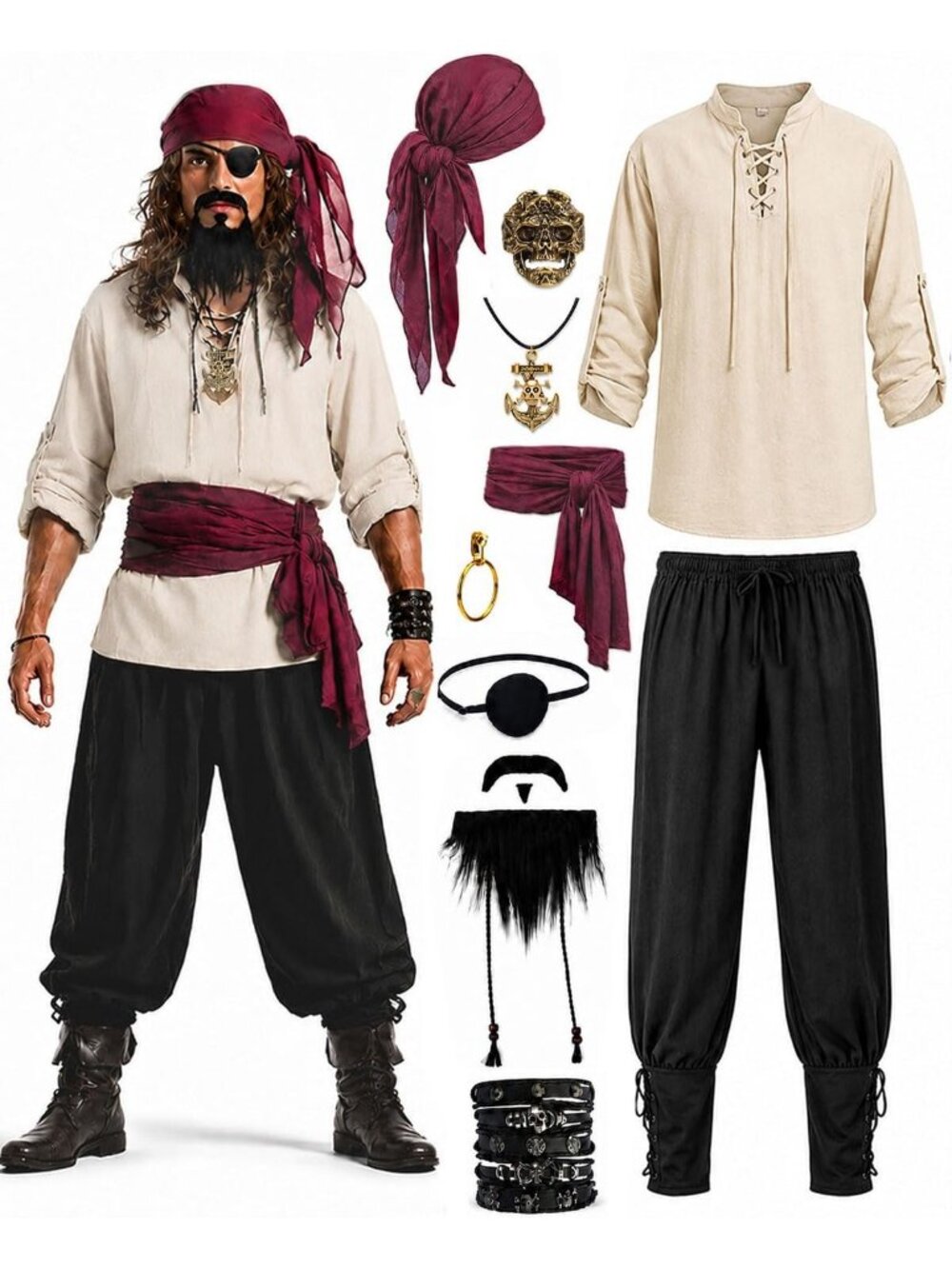 10PC Pirate Costume Set for Men - Medieval Viking Outfit, Halloween Cosplay Gear
